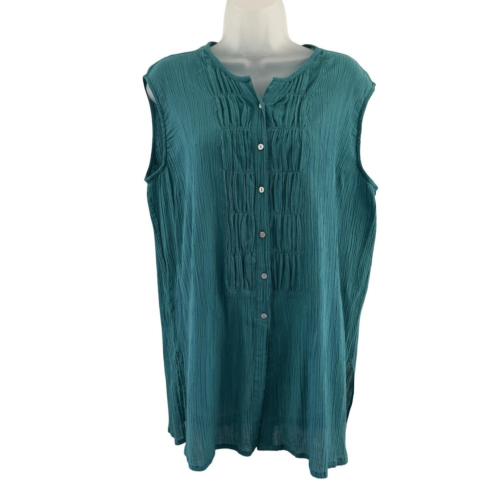 Gap Tunic Top Womens Large Green Crinkle Cotton Sleeveless Henley Blouse